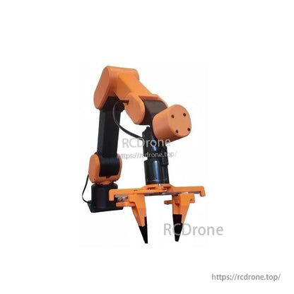 Robot arm three-quarter view showing base, shoulder joint, and two-prong gripper open position