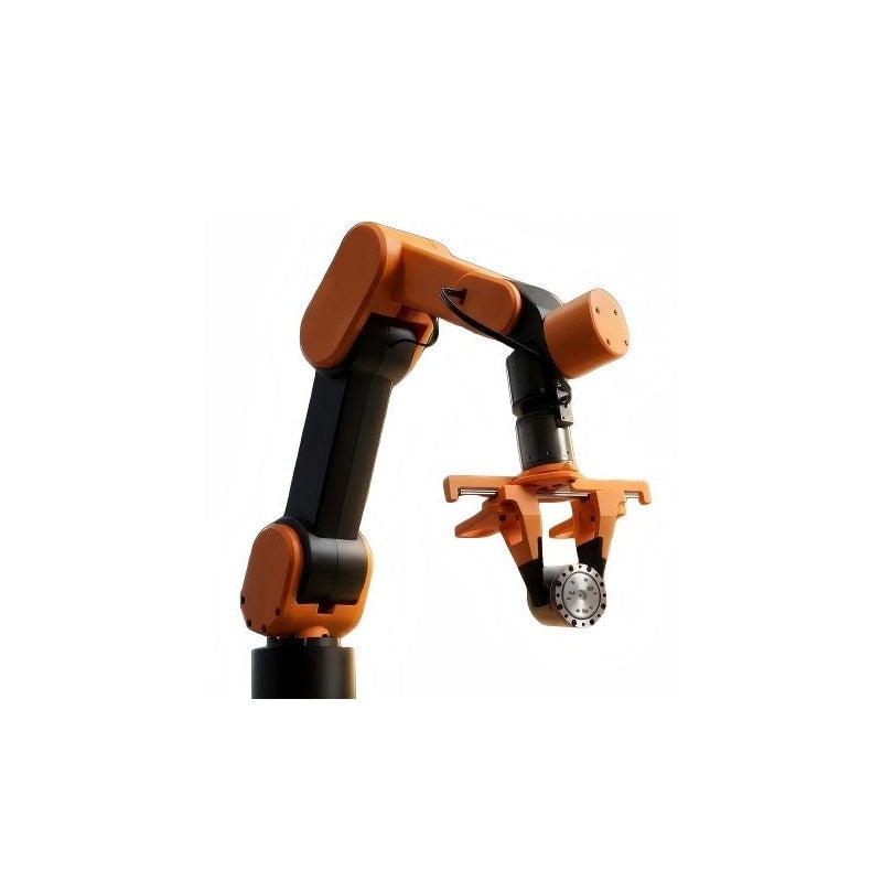 Desktop robotic arm angled view highlighting upper arm segments, wrist motor housing, and gripper mount