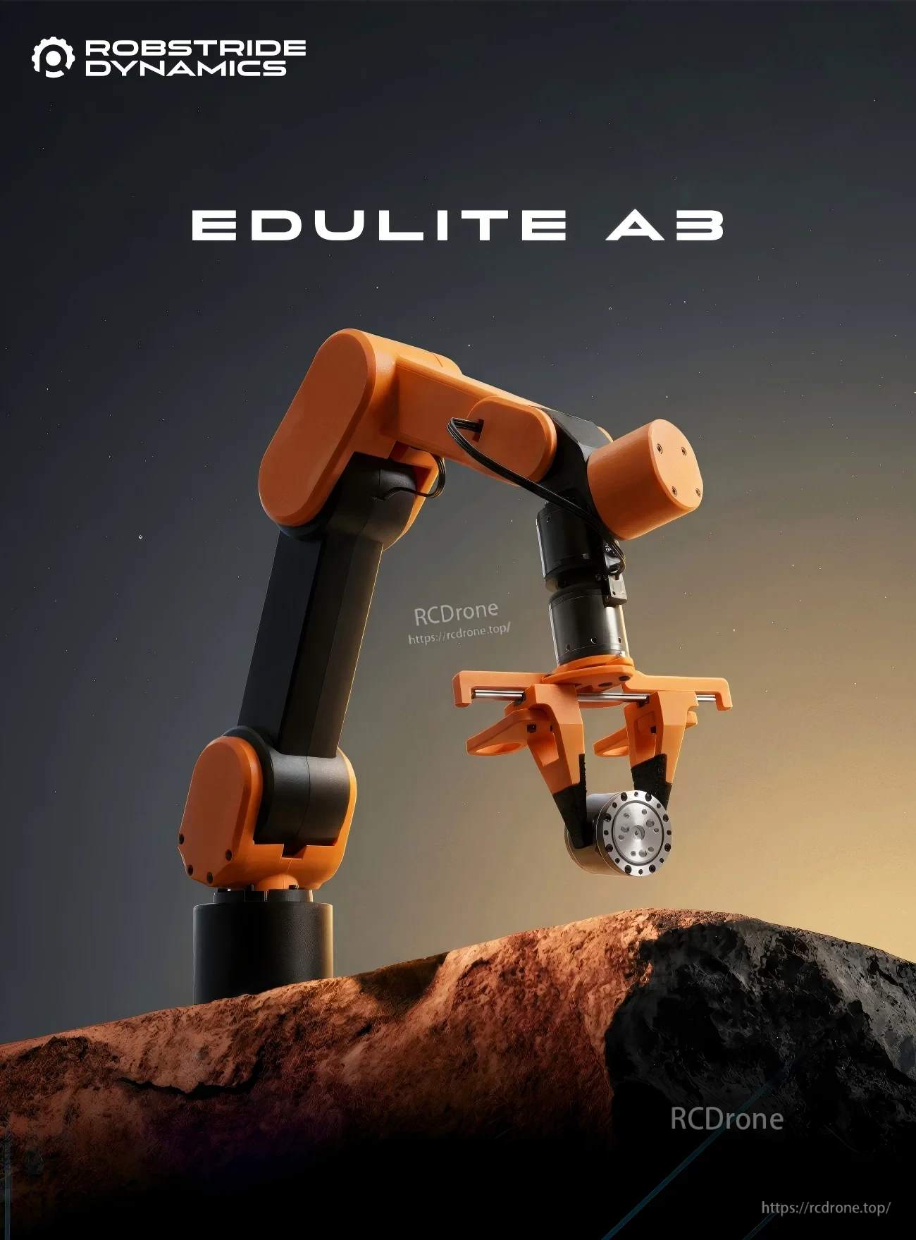 ROBSTRIDE Edulite A3 robot arm with gripper end effector, angled view with EDULITE A3 branding