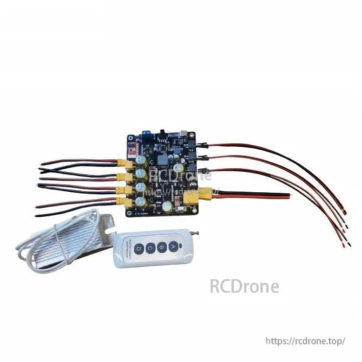 Power distribution board wiring layout with multiple lead connections and four-button remote control (watermarked)