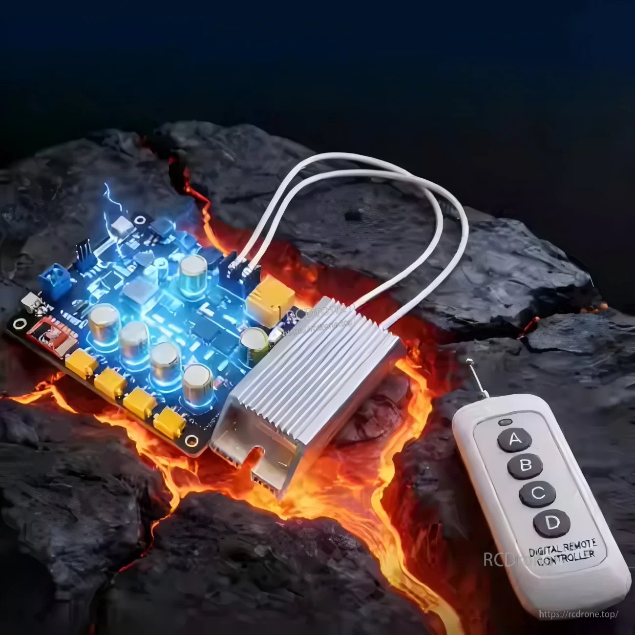 ROBSTRIDE Power Board 20V-65V PDB with heatsink module, wiring leads, and handheld remote controller