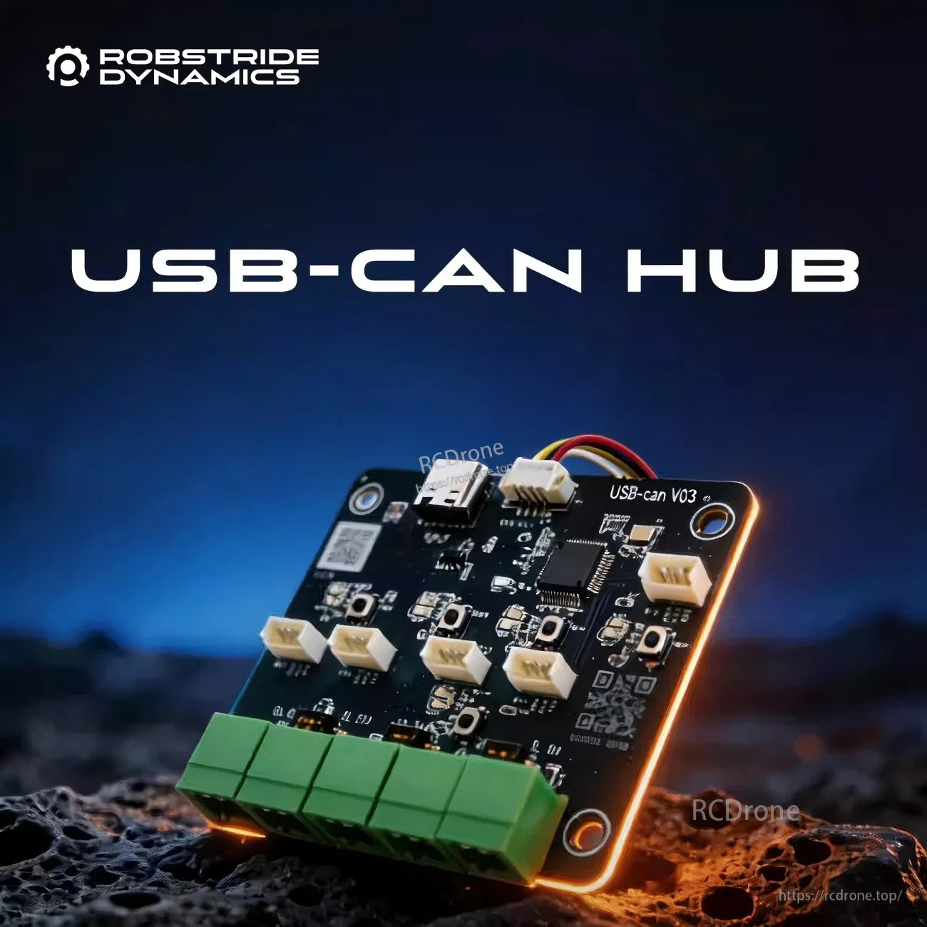 ROBSTRIDE USB-CAN-HUB board with USB Type‑C port and five CAN channel terminals (USB-can V03)