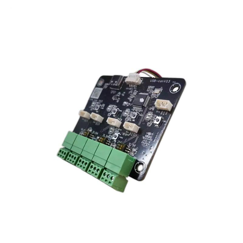ROBSTRIDE USB-CAN-HUB board with 5 green CAN terminal blocks and JST connectors, angled top view