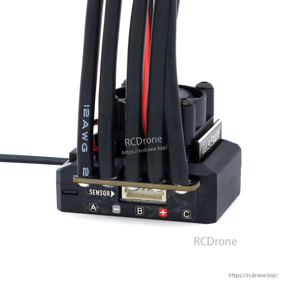 Sensor port and labeled A, B, C motor wire terminals on the sensored ESC