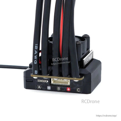 Sensor port and labeled A, B, C motor wire terminals on the sensored ESC