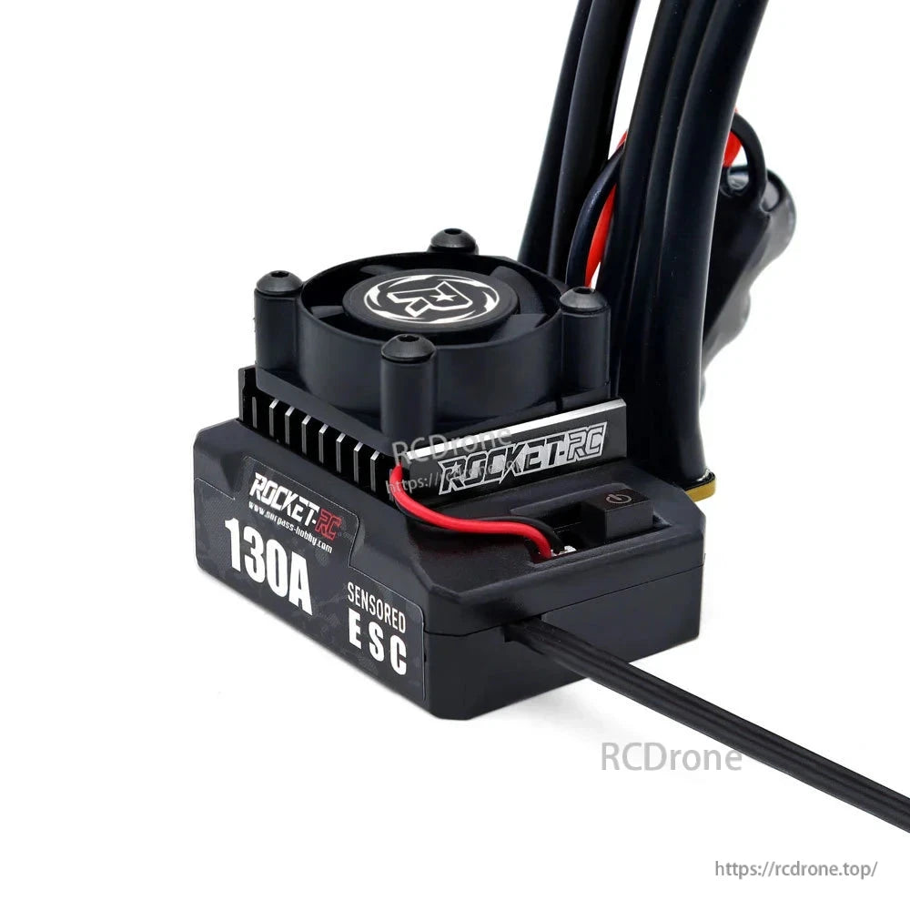Angled side view of the 130A ESC with cooling fan and heavy-gauge motor leads