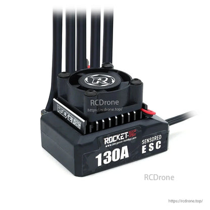 Front close-up of the 130A sensored brushless ESC housing and cooling fan