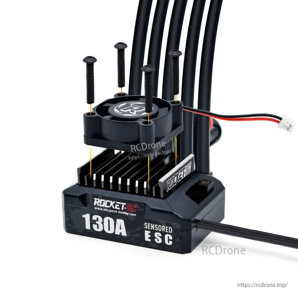 Exploded view of ESC cooling fan and finned heat sink with mounting screws