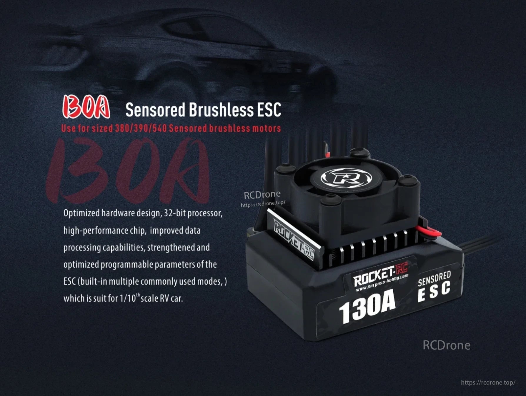 ROCKET-RC 130A sensored brushless ESC with cooling fan for 1/10 RC cars