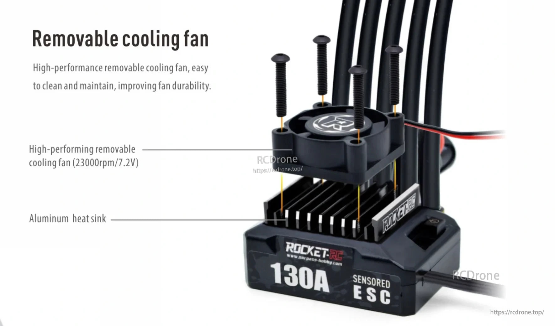 Removable 23000 rpm cooling fan and aluminum heat sink on ROCKET-RC ESC