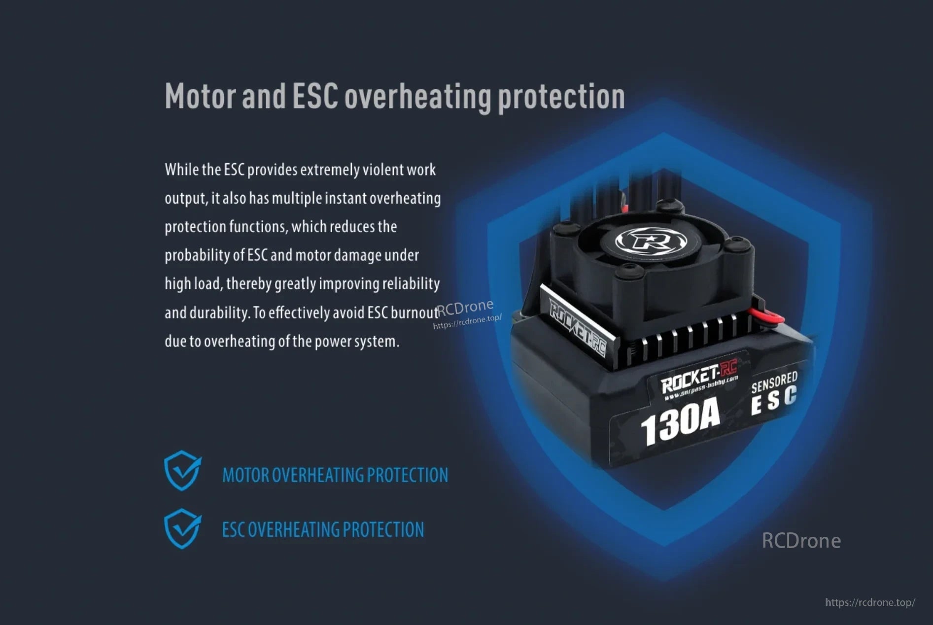 ROCKET-RC 130A sensored ESC highlighting motor and ESC overheat protection
