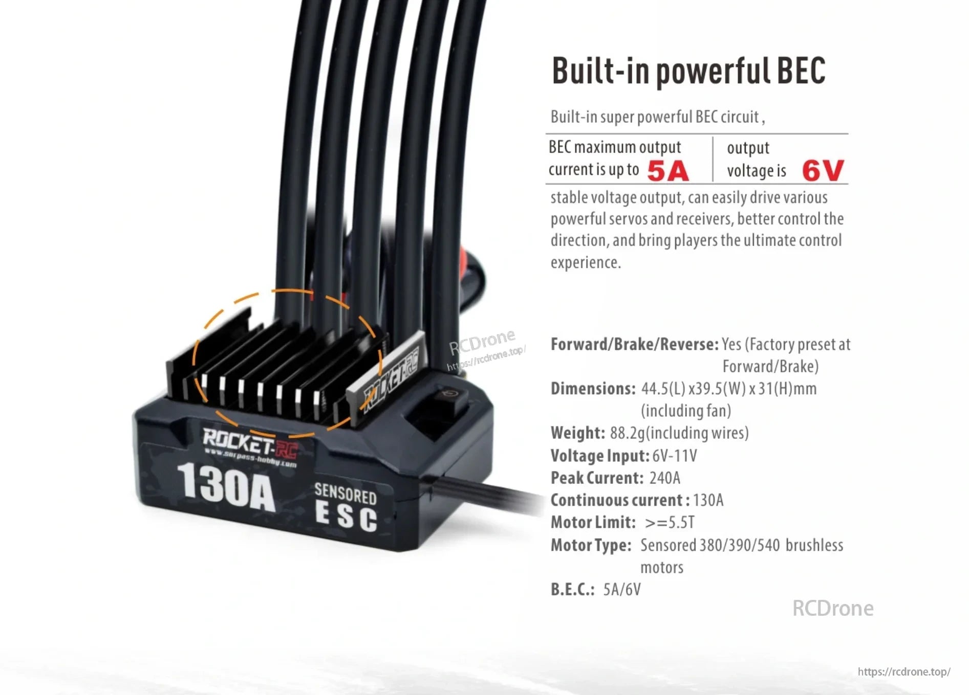 ROCKET-RC 130A ESC with 6V 5A BEC and connected motor wires
