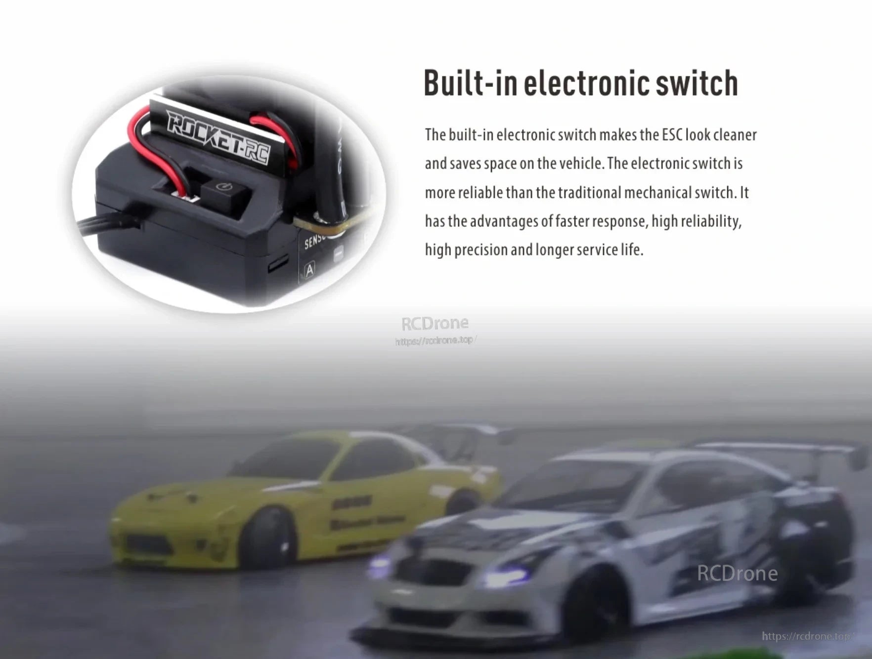 Built-in electronic switch detail on ROCKET-RC 130A sensored brushless ESC