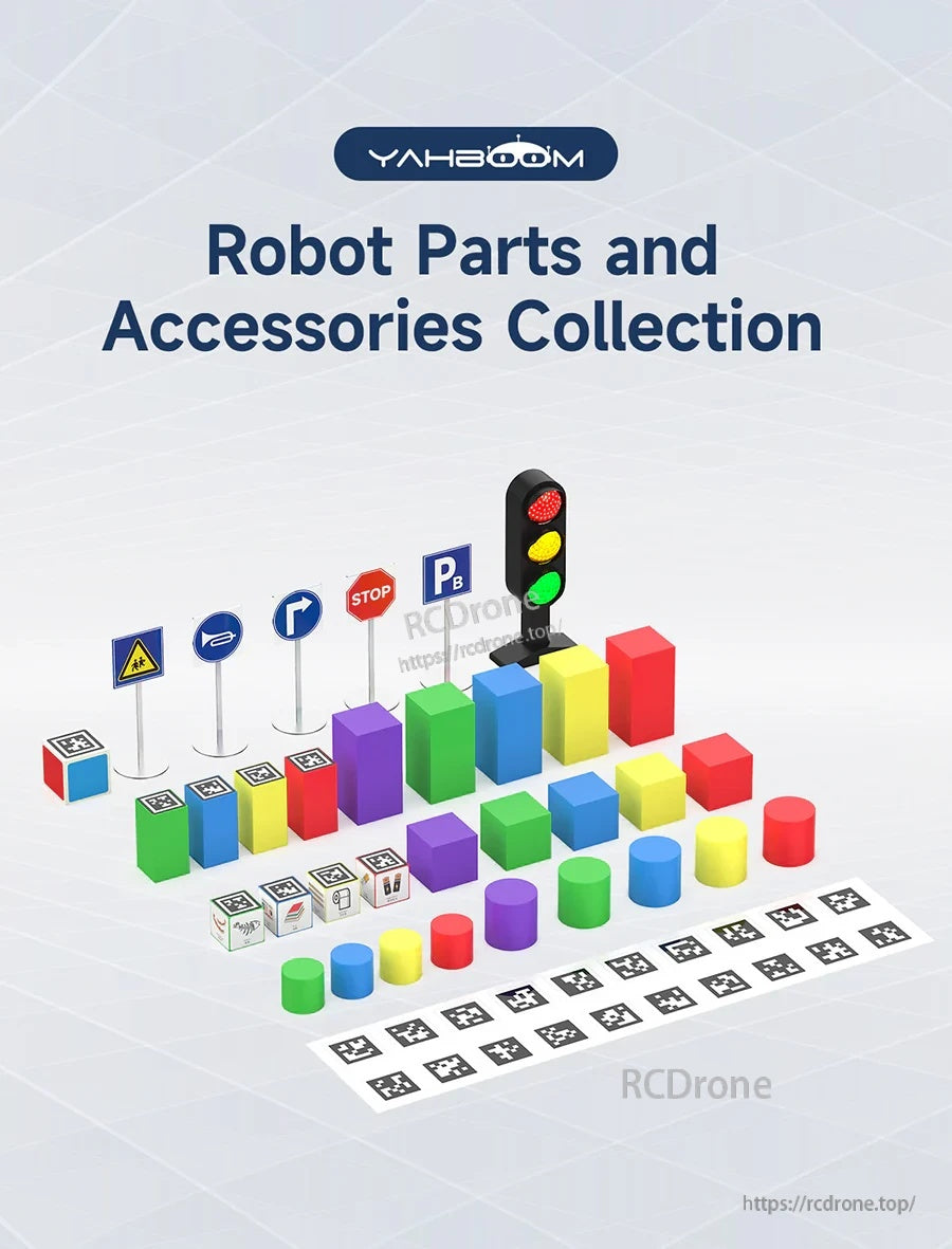 Yahboom ROS robot car parts kit set with wooden and EVA blocks, visual positioning codes, traffic light and road signs