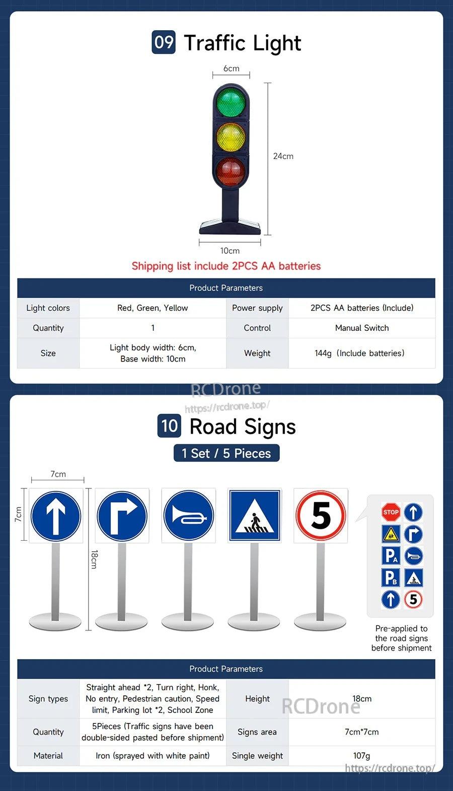 Mini traffic light with manual switch and a set of road signs for robot car traffic-scene simulation