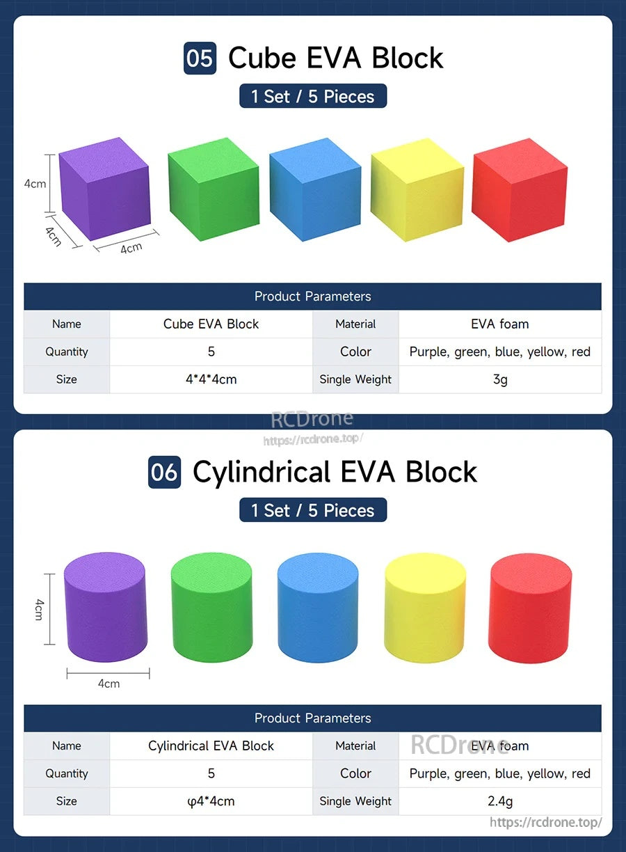 EVA foam cube blocks and EVA foam cylinder blocks in five colors, 4 cm size for lightweight training props