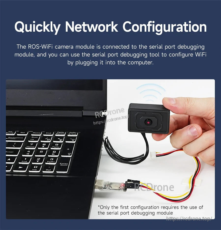 Quick network configuration using serial port debugging module connected to a laptop and the ROS-WiFi camera module
