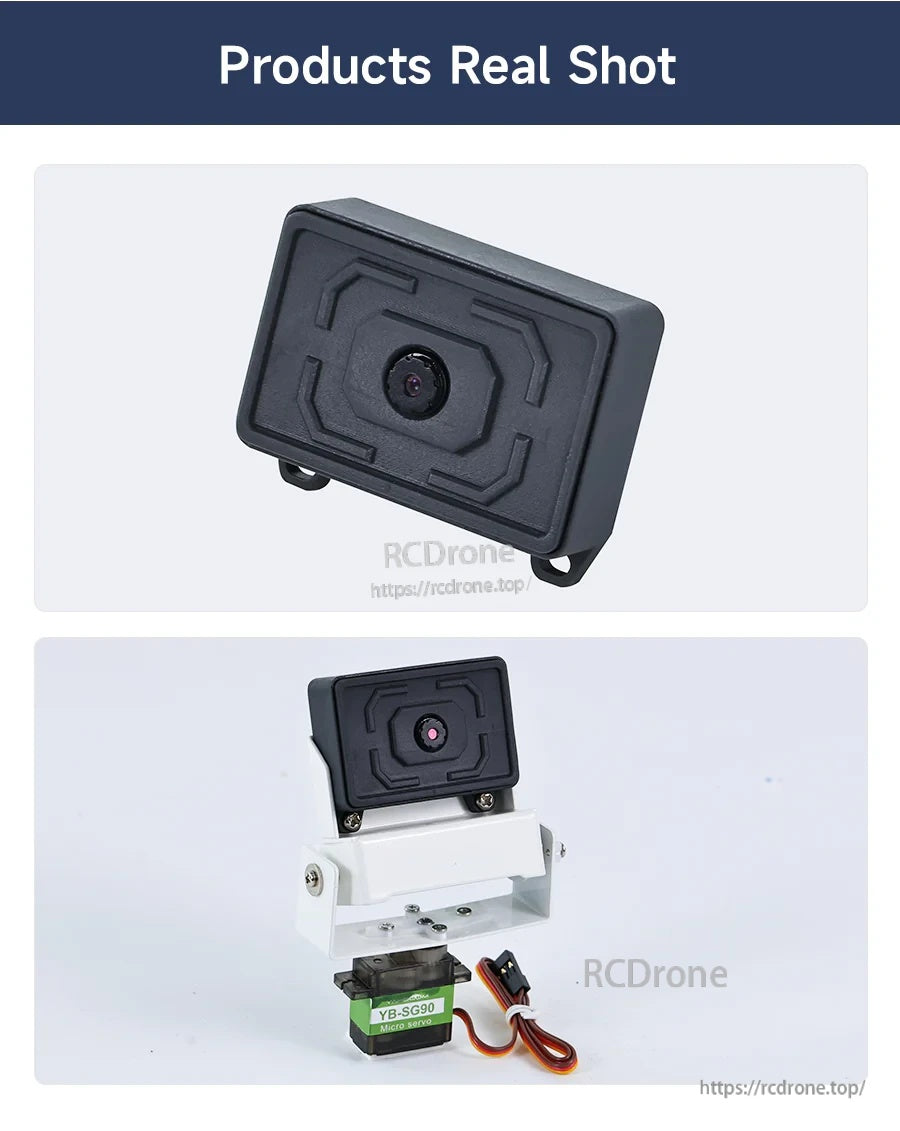 Yahboom ESP32-S3 WiFi camera module with lens and mounting holes, plus bracket and servo in real shot