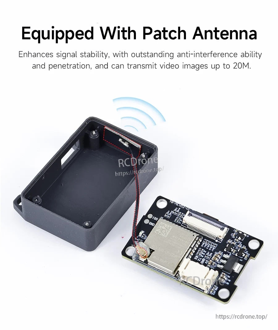 Patch antenna and ESP32-S3 camera board inside case, highlighting improved WiFi signal stability and range up to 20m