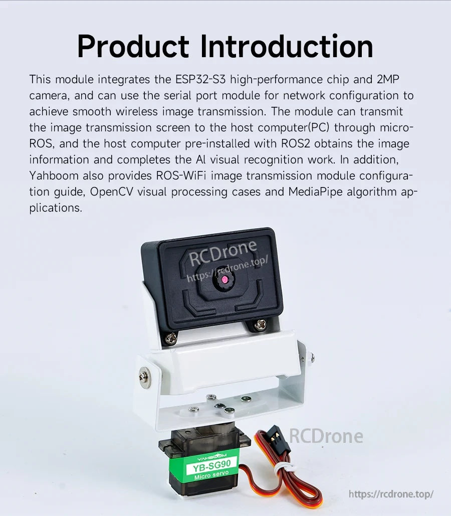 Yahboom ROS-WiFi ESP32-S3 2MP Camera module photo with mounting bracket and serial cable accessory