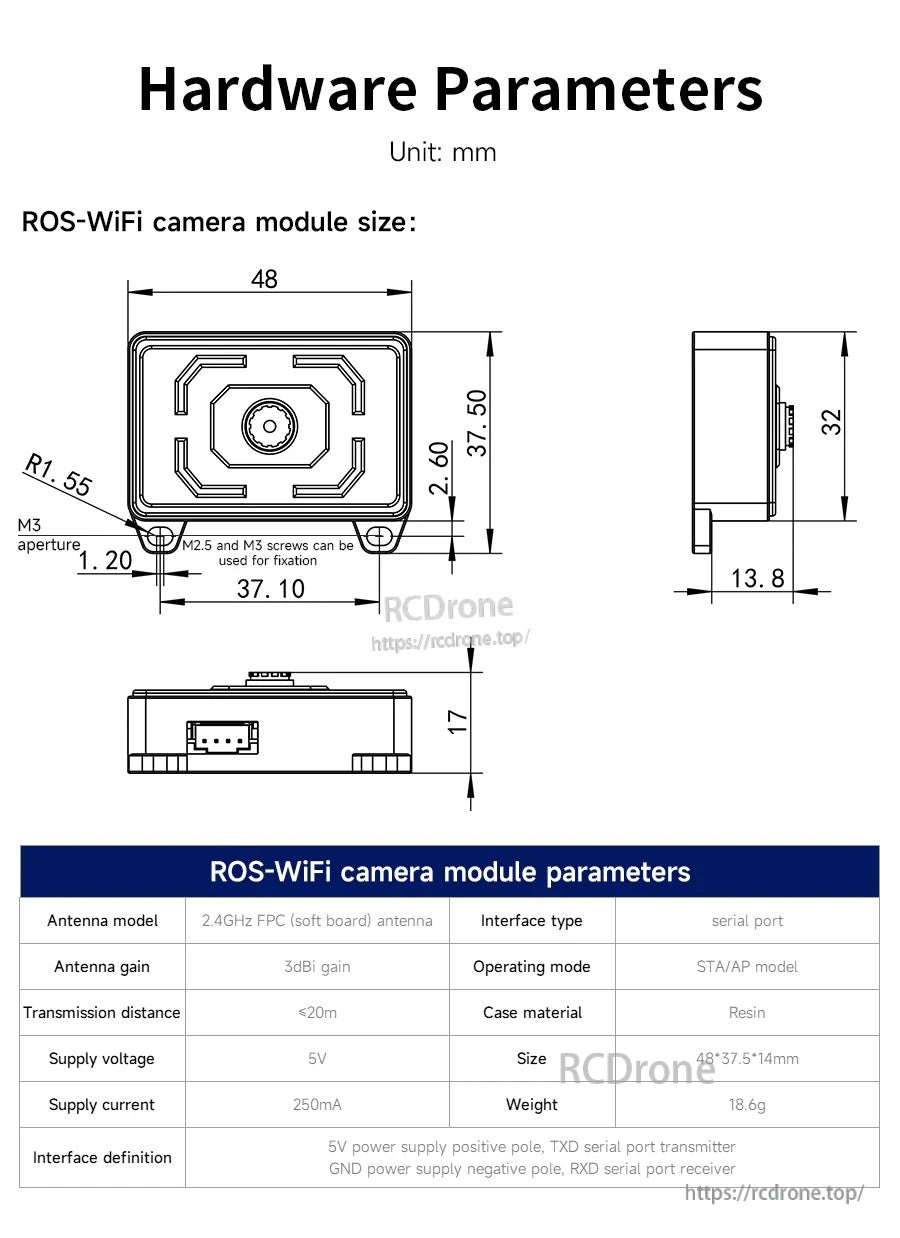 ROS-WiFi camera module hardware parameters diagram with 48×37.5×14 mm dimensions and 5V serial interface notes