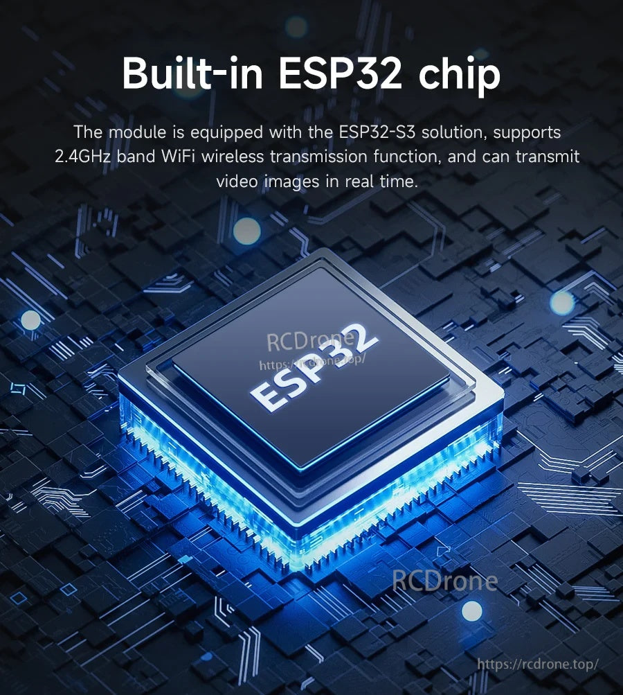ESP32-S3 chip graphic emphasizing 2.4GHz WiFi wireless transmission and real-time video image streaming