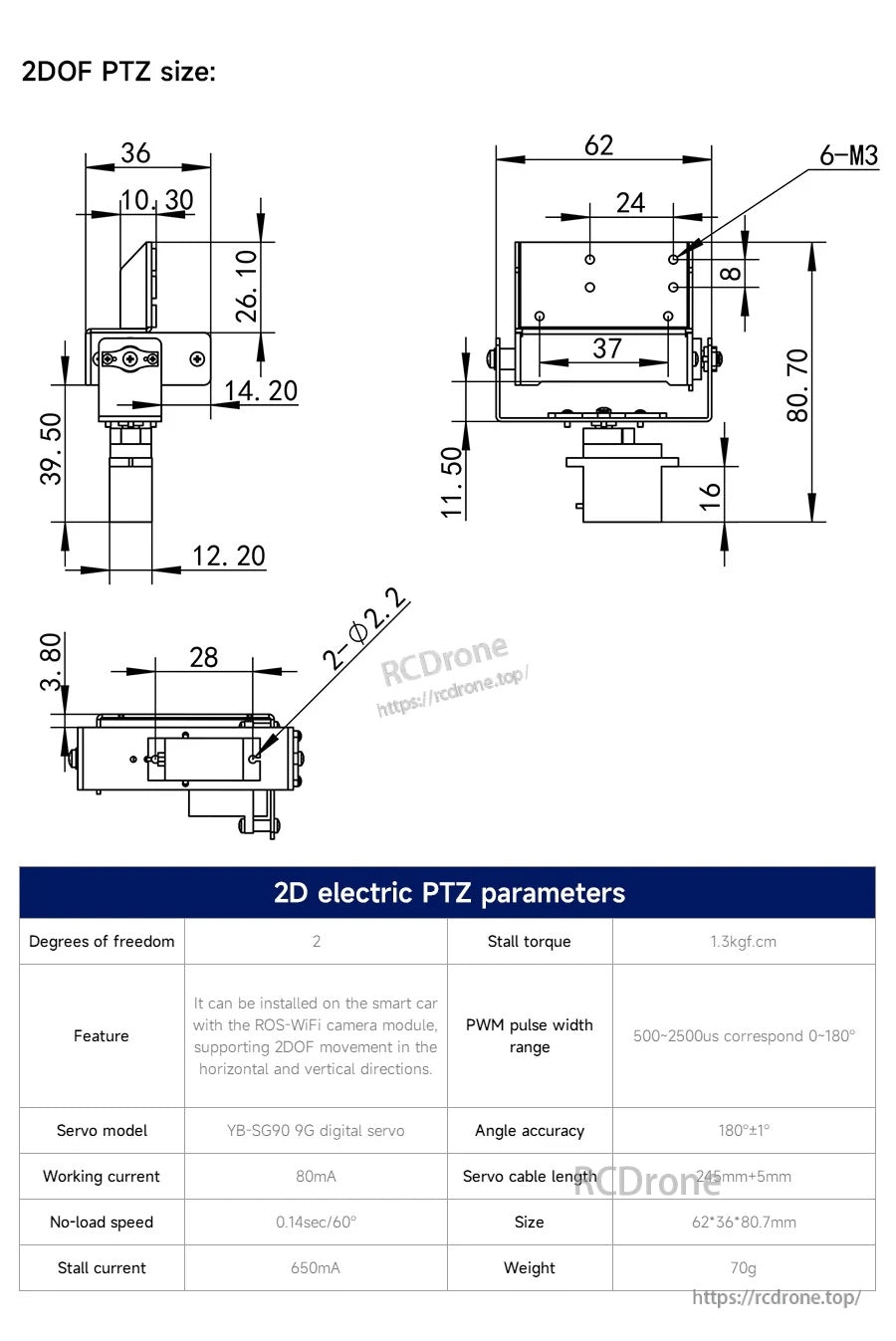 2DOF electric PTZ mount dimension diagram with SG90 9g servo specs, 62×56×80 mm size and PWM 0–180° range