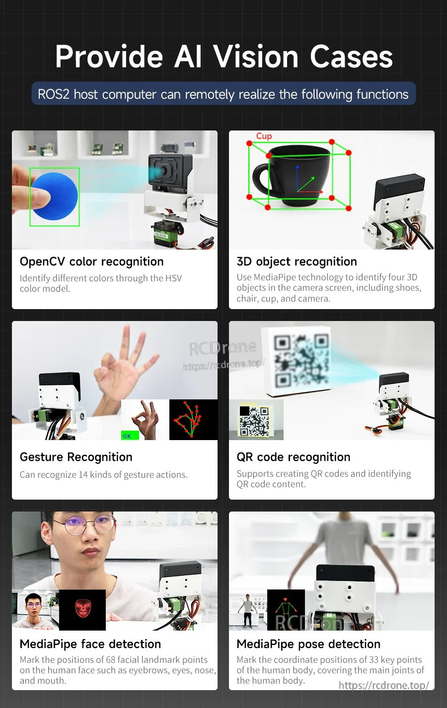AI vision examples grid: OpenCV HSV color recognition, 3D object recognition, gesture recognition, QR, face and pose detection