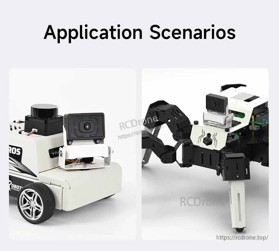 Yahboom ROS WiFi ESP32-S3 camera module mounted on a small robot car and robotic arm application examples