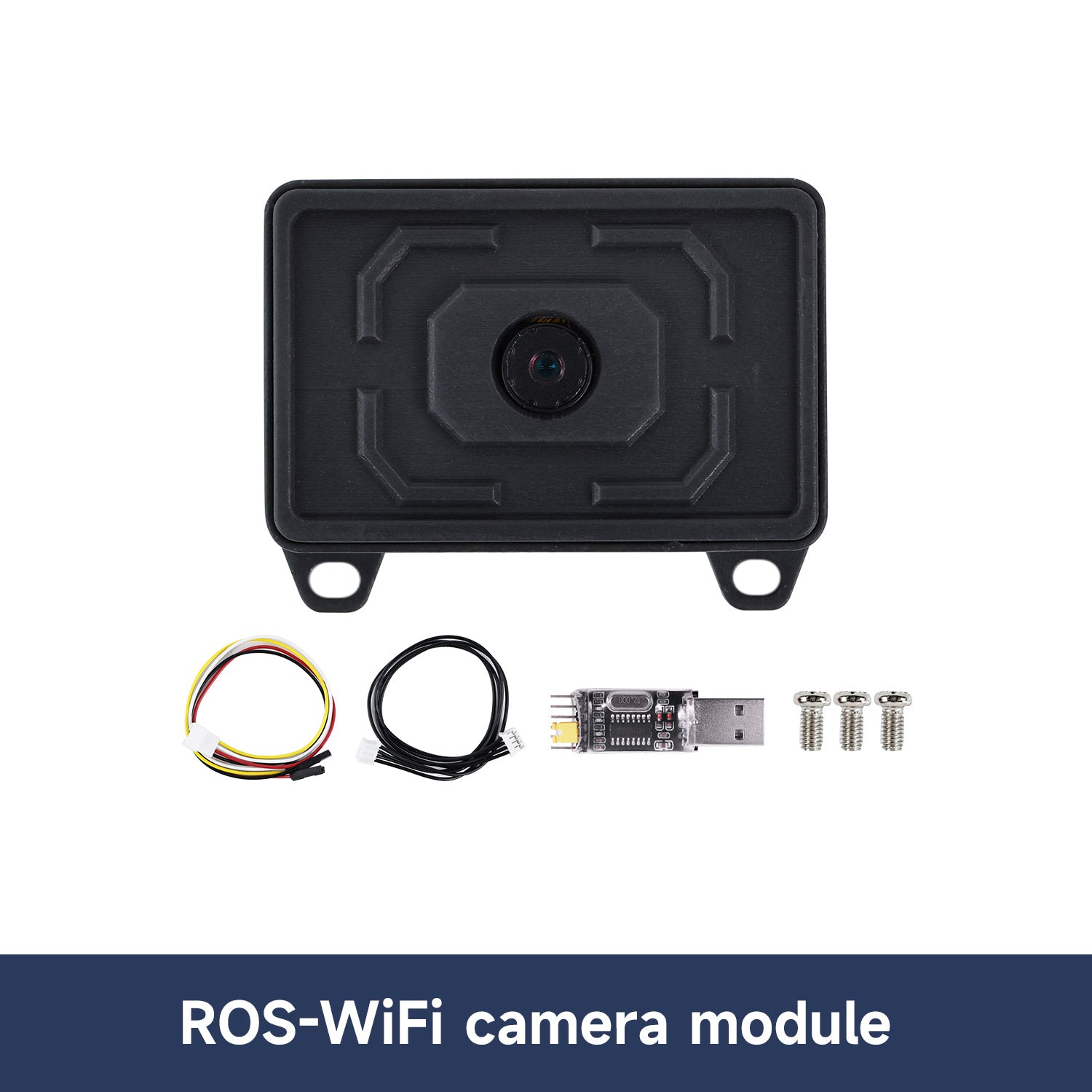 ROS-WiFi camera module package contents: USB adapter board, cables, and mounting screws