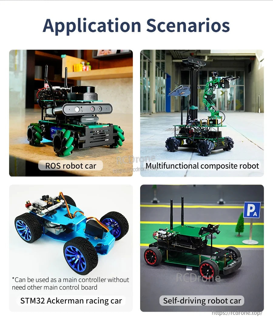 Application scenarios collage of ROS robot car, composite robot, STM32 Ackerman racing car, and self-driving robot car