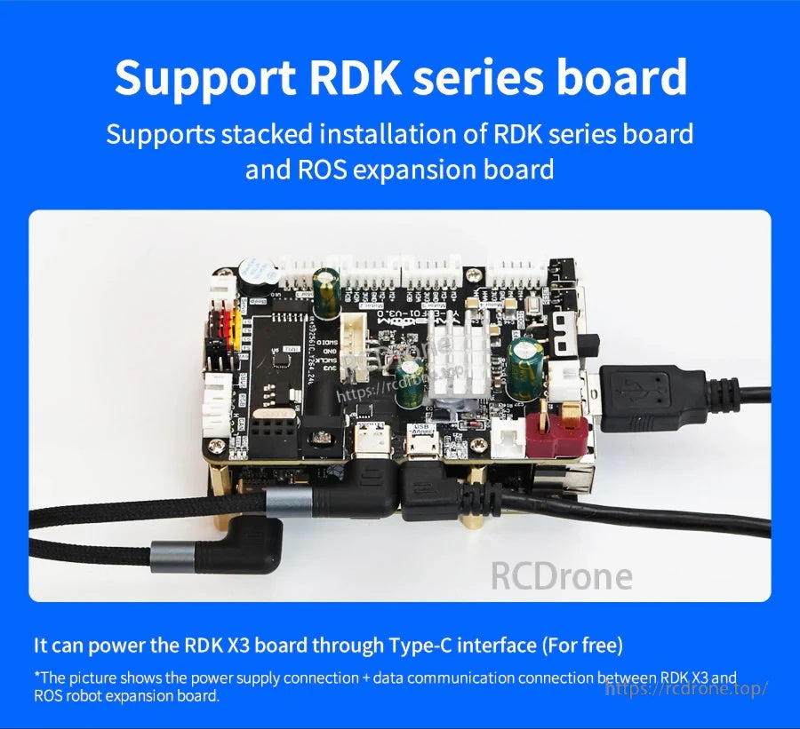 RDK series stacked installation example with the ROS expansion board connected by Type‑C, including RDK X3 support