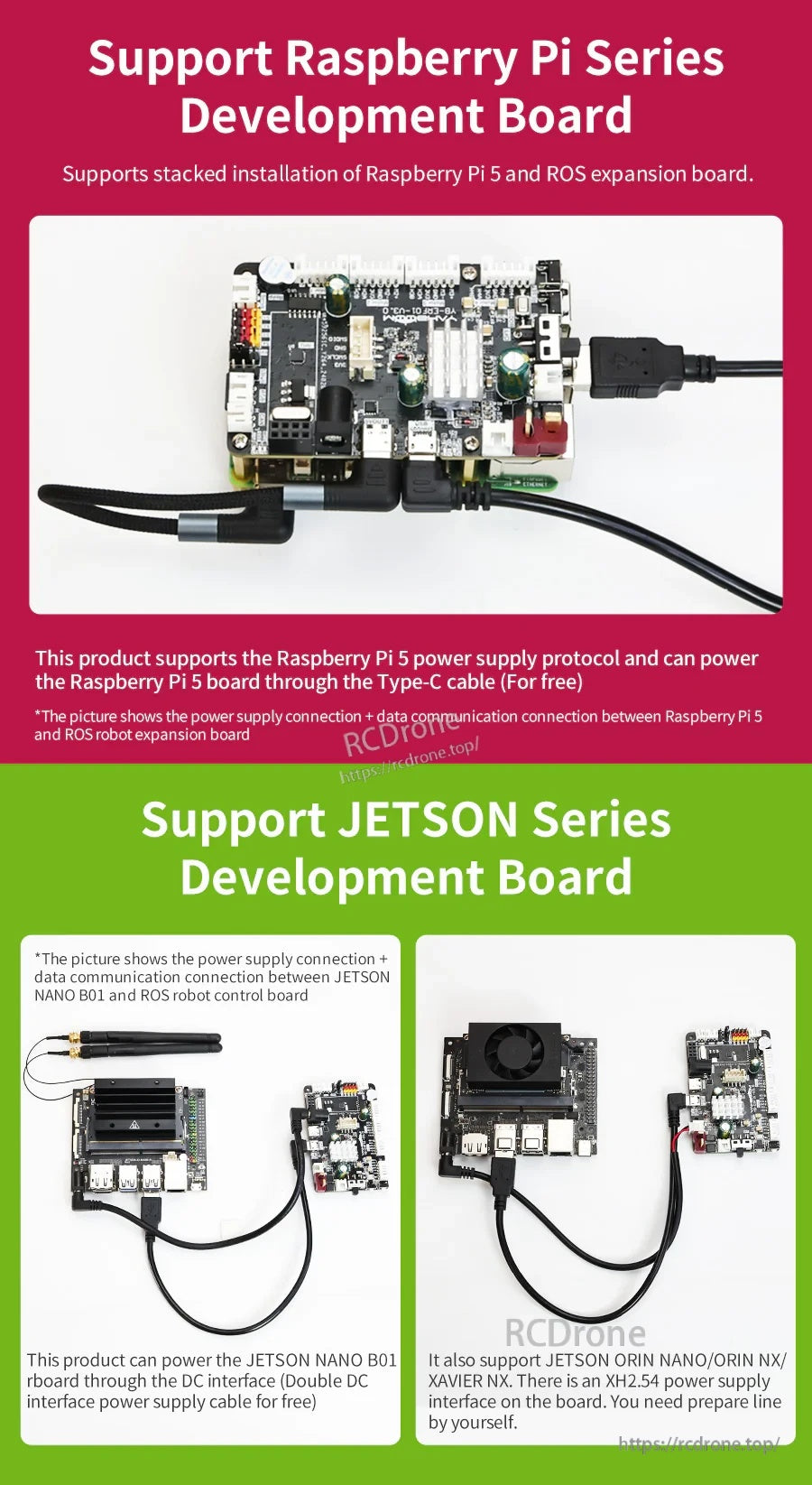 Stacked installation example of the expansion board with Raspberry Pi 5 and Jetson development boards using Type‑C/USB links