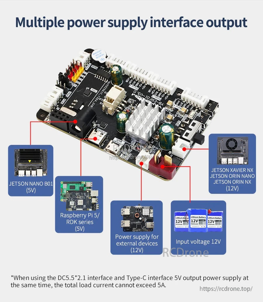 Power interface outputs and 12V input on YB-ERF01 V3.0 showing 5V outputs for Raspberry Pi/RDK and Jetson options