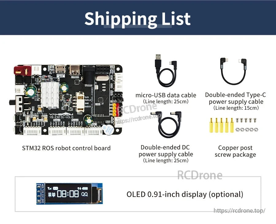 Yahboom STM32 ROS robot control board kit with micro-USB cable, Type-C lead, DC power cable and screw posts