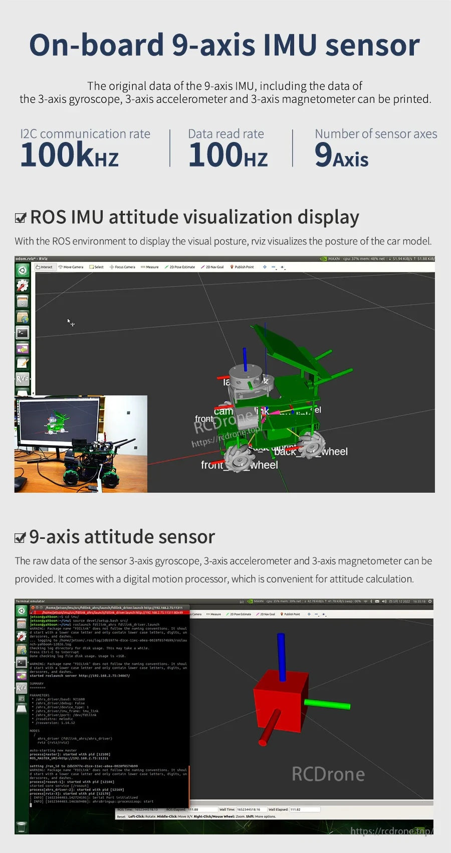 On-board 9-axis IMU details for YB-ERF01 V3.0, listing 100kHz I2C, 100Hz read rate, and ROS visualization views
