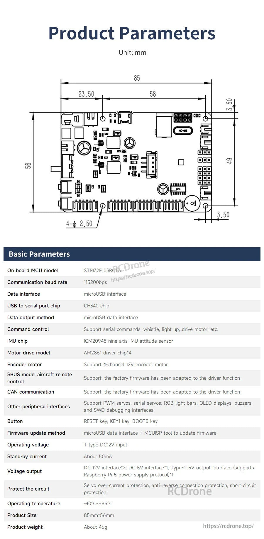 Yahboom YB-ERF01 V3.0 ROS robot control board diagram with 85×56 mm layout and STM32F103RCT6 specs