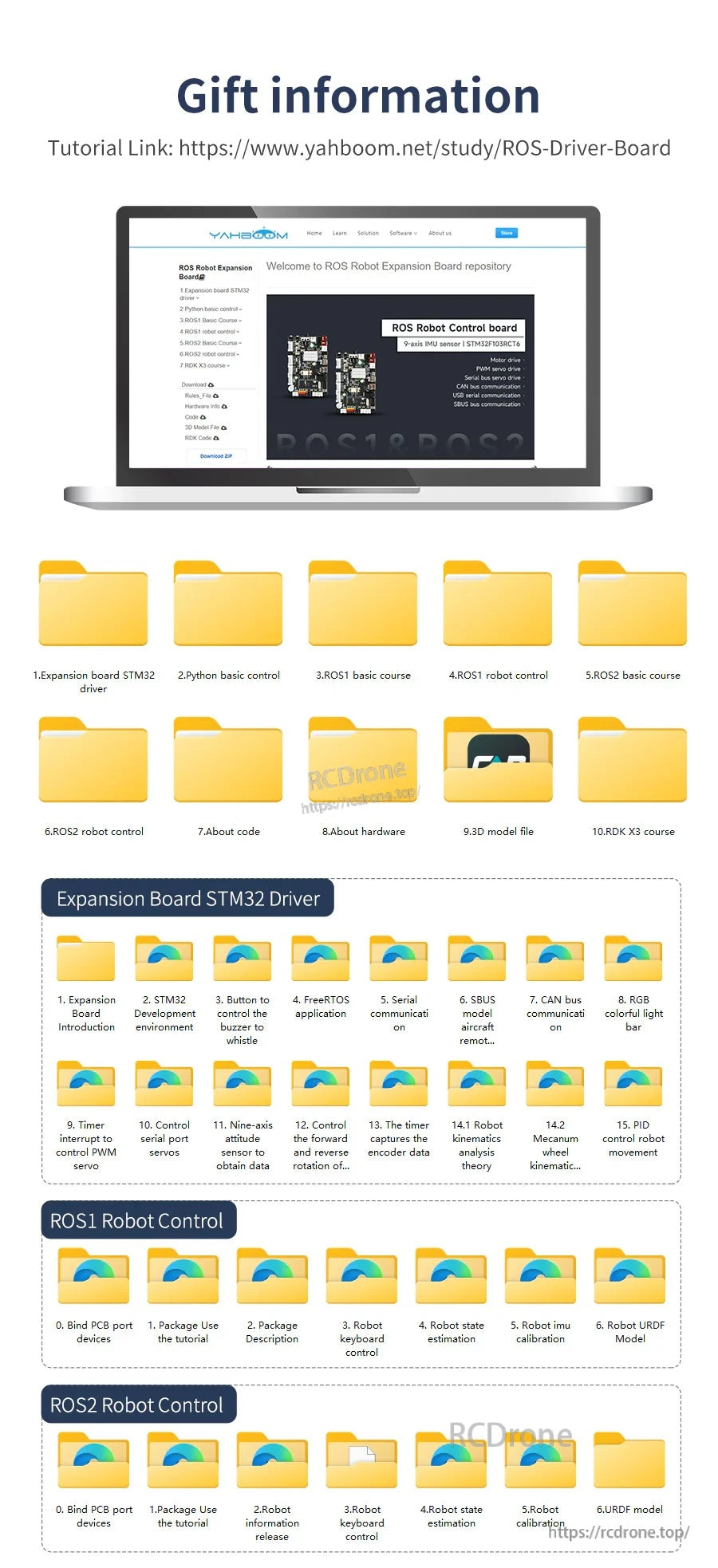 Yahboom ROS Driver Board gift information sheet with tutorial link and downloadable STM32 driver, ROS1 and ROS2 files
