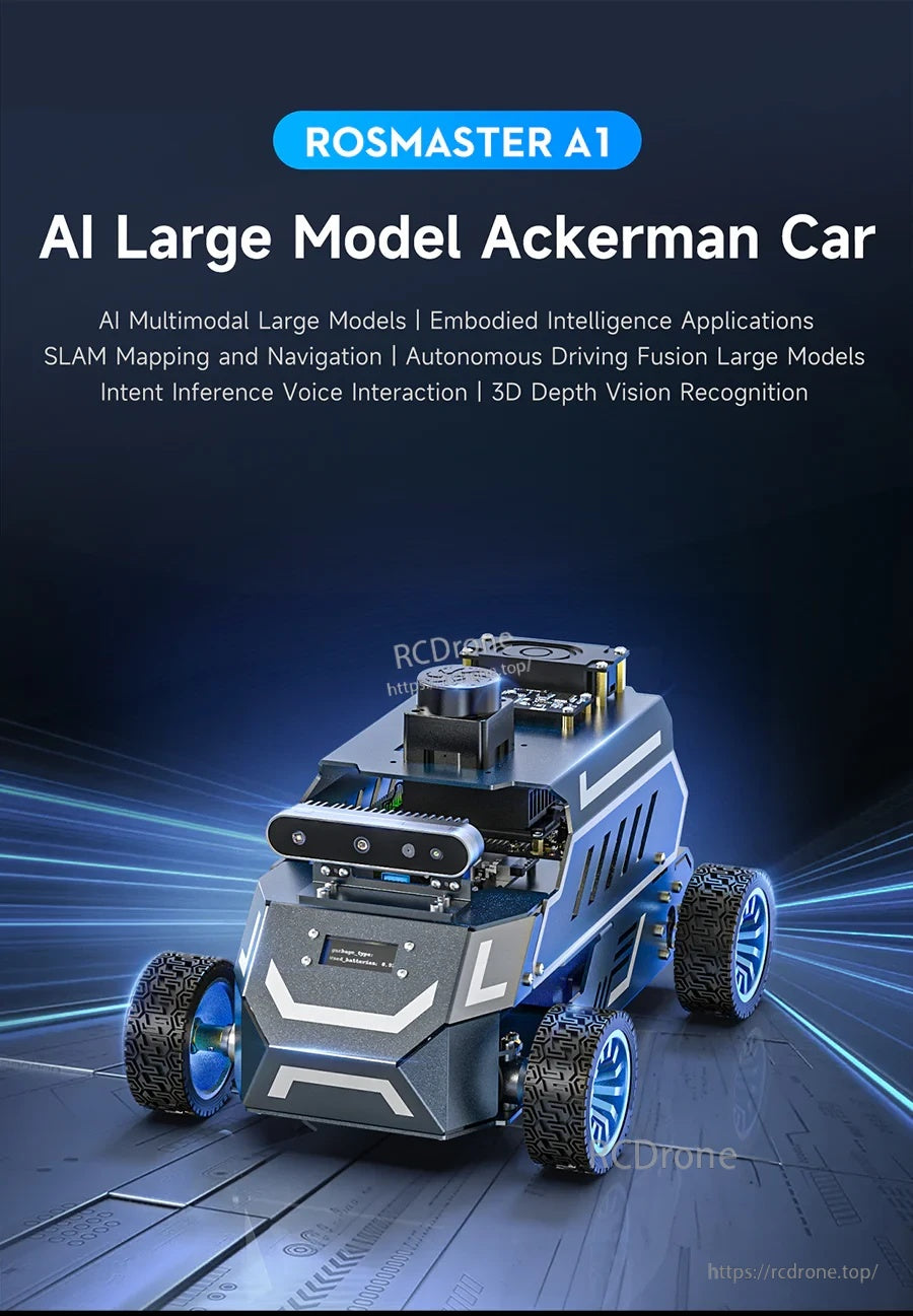 Yahboom ROSMASTER A1 ROS2 robot car with Ackerman steering chassis and top-mounted sensor module