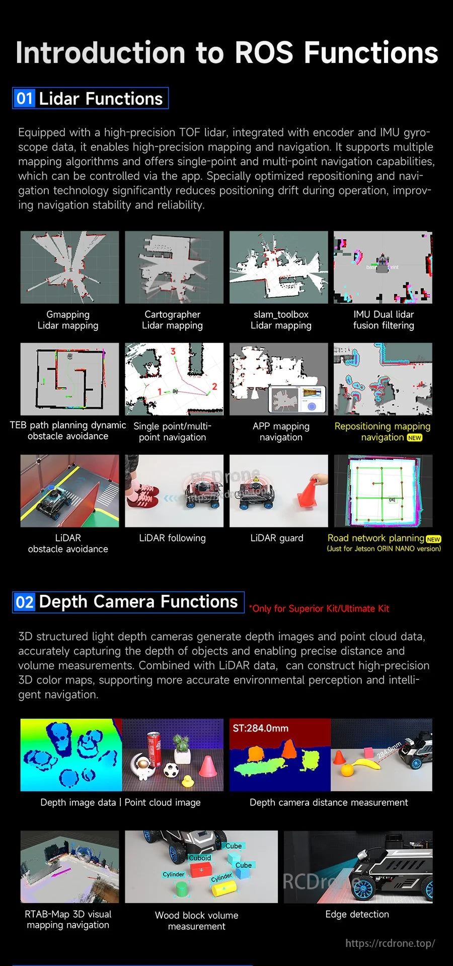 ROS functions overview for LiDAR mapping/navigation and depth camera point cloud processing examples