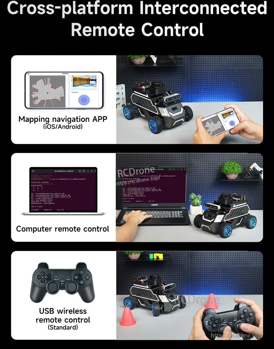 Yahboom ROSMASTER A1 ROS2 robot car with cross-platform control via phone app, computer, and USB wireless gamepad