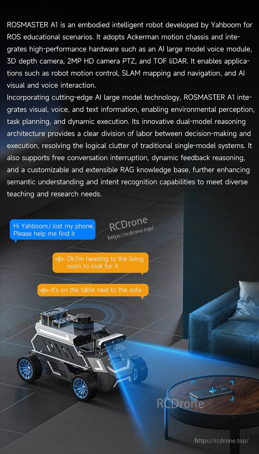 ROS2 Ackerman robot car using vision sensing in an indoor scene for navigation and voice interaction demo
