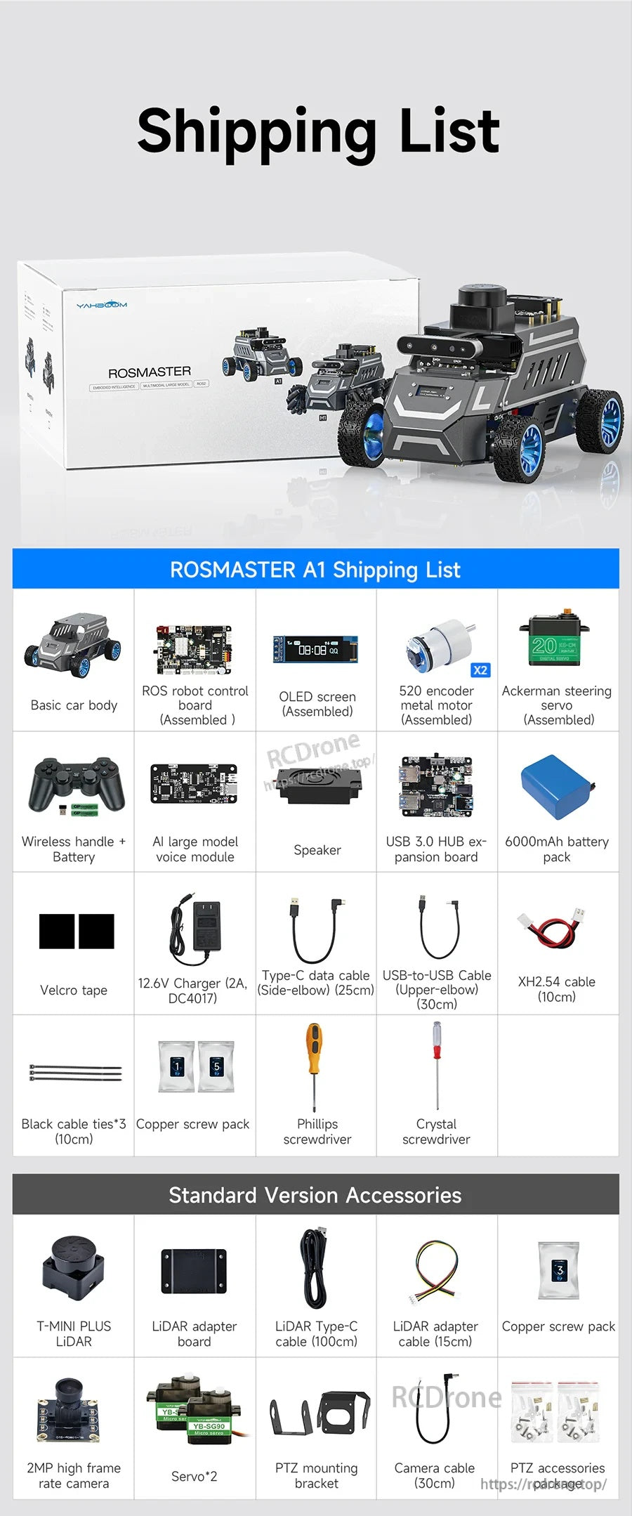 Yahboom ROSMASTER A1 ROS2 robot car shipping list with chassis, controller board, OLED, motors, battery and cables