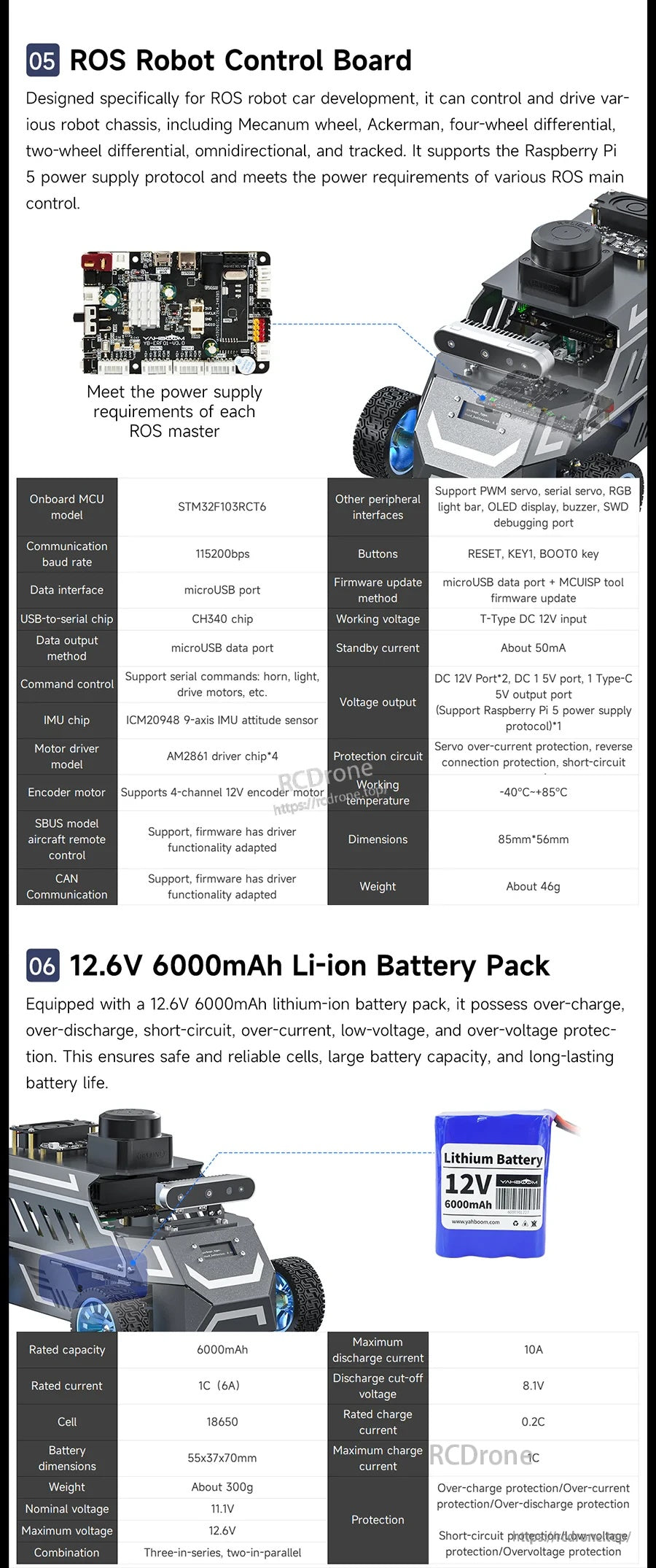Yahboom ROSMASTER A1 ROS2 robot control board with labeled ports, car chassis view, and 12.6V 6000mAh battery pack
