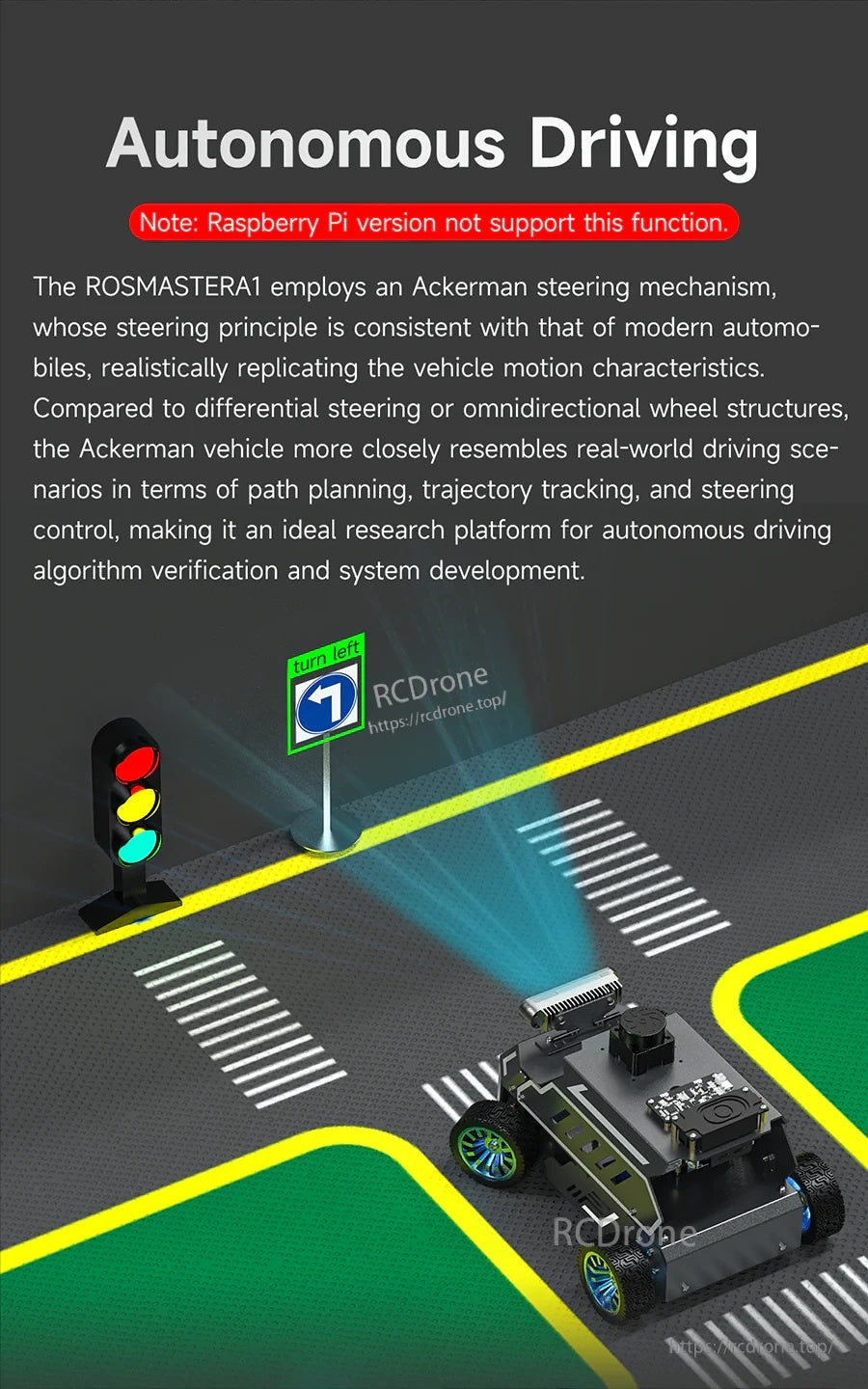 Autonomous driving track graphic for Ackerman robot car with lane markings and traffic light scenario