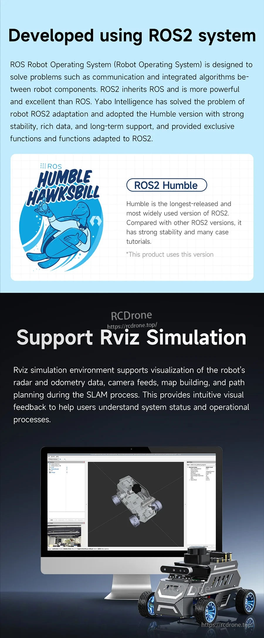ROS2 Humble support and RViz simulation interface graphic for ROSMASTER A1 robot model