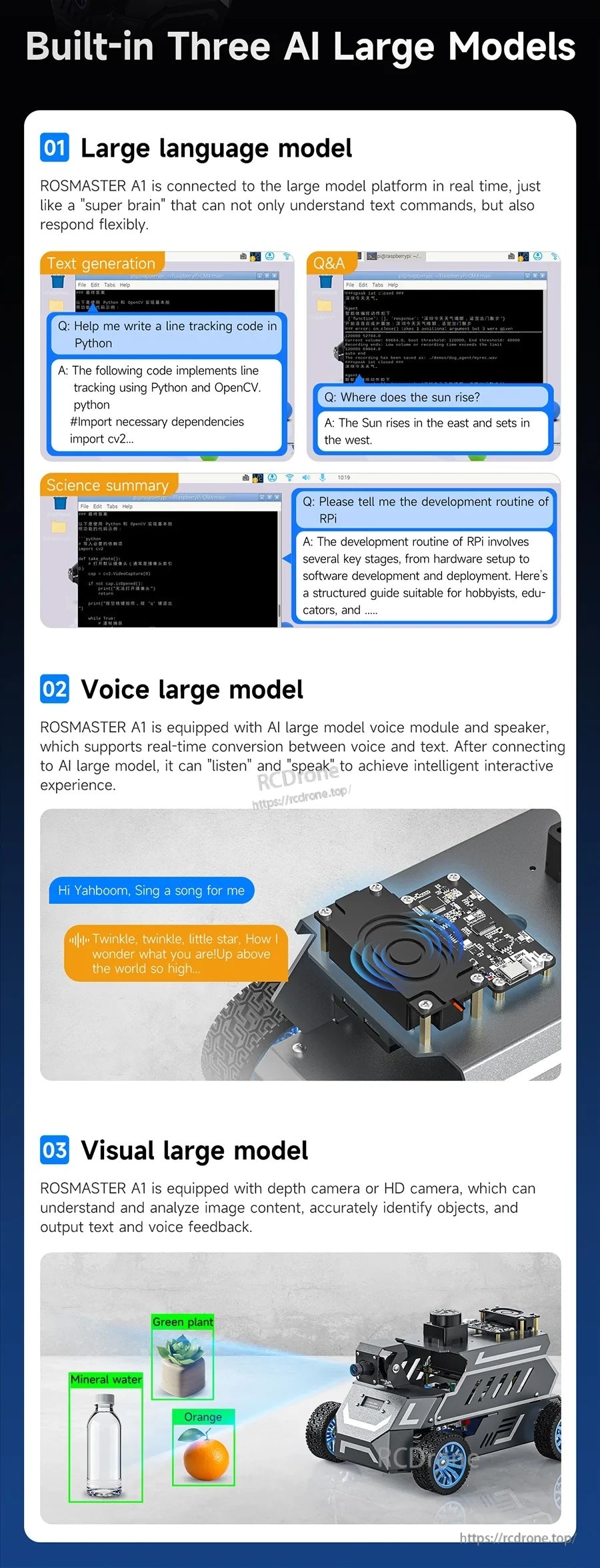 Built-in three AI large models page: language model, voice module interaction, and visual model examples