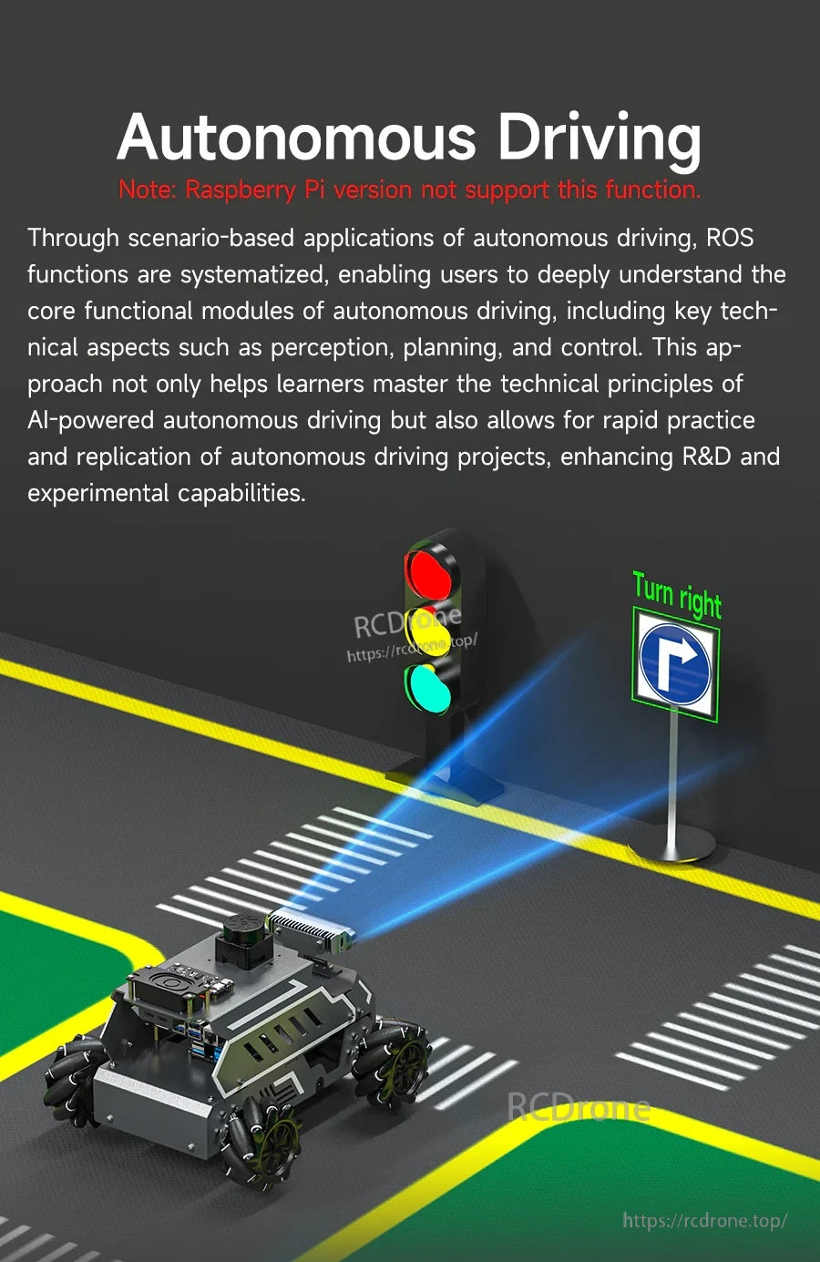 Yahboom ROSMASTER M1 ROS2 robot car graphic labeled Autonomous Driving with traffic light and turn-right sign