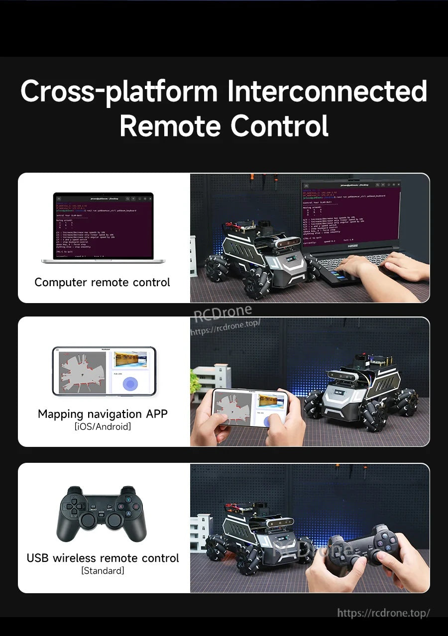 Yahboom ROSMASTER M1 ROS2 robot control options: computer terminal, iOS/Android mapping app, and USB wireless gamepad