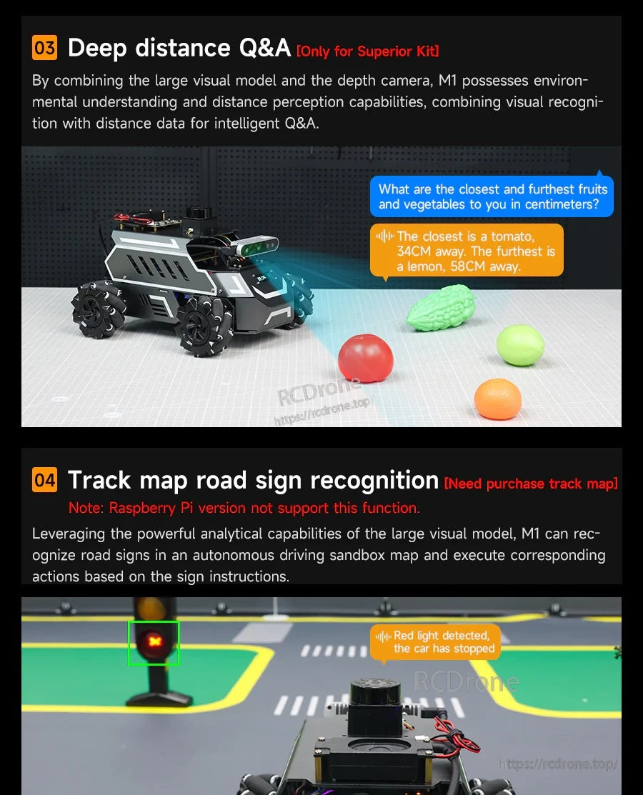 Depth-distance Q&A demo and road sign recognition track-map feature for ROSMASTER M1 visual navigation